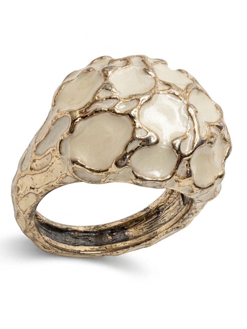 Gold Tone Cream Enamel Textured Dome Statement Ring Size 8